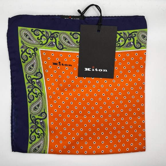 100% NWT KITON Silk Pocket Square Orange - Green - Blue. (15 X 15) - Picture 2 of 5